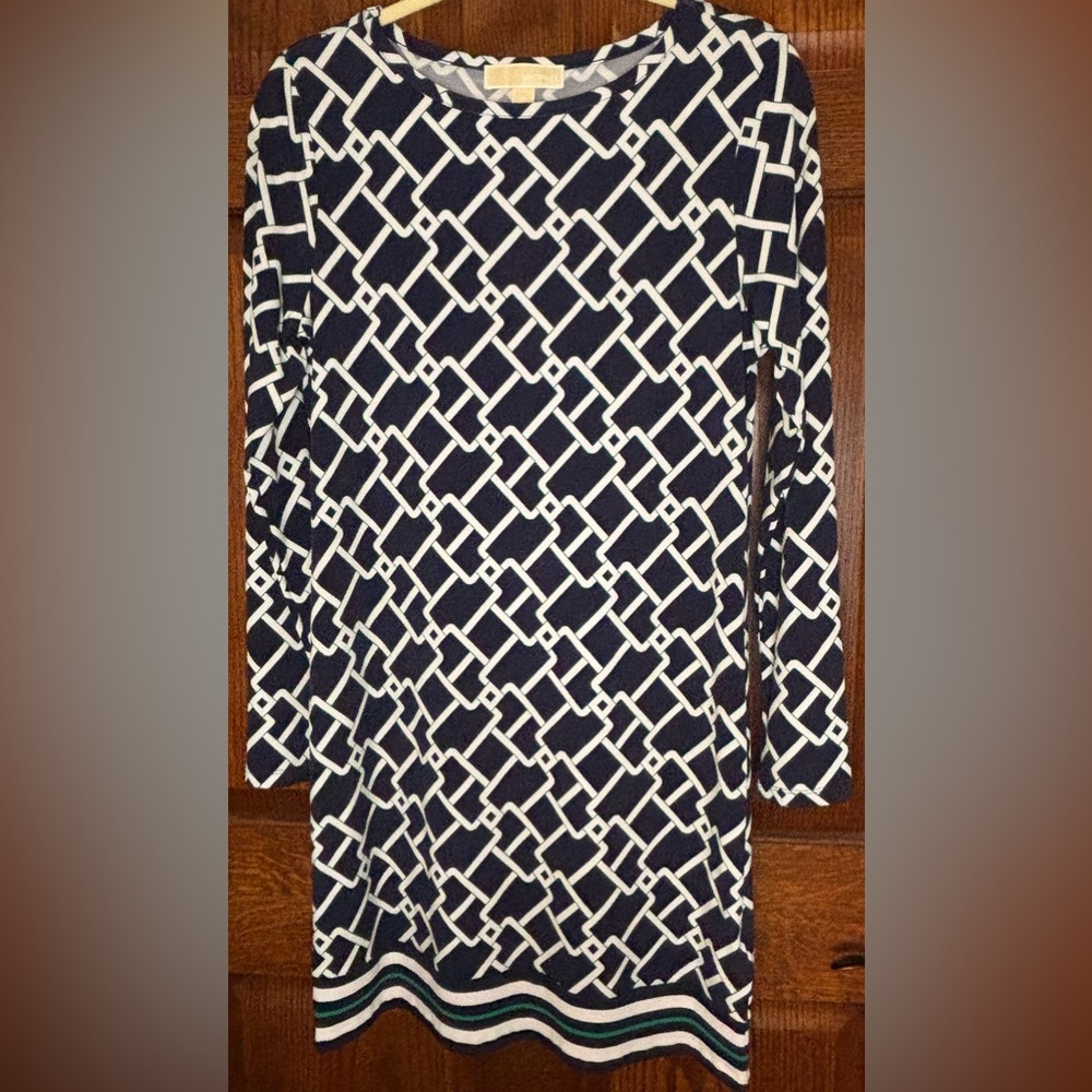 Michael Kors Women’s Size Med Navy, White And Green Geometric Sheath Dress
